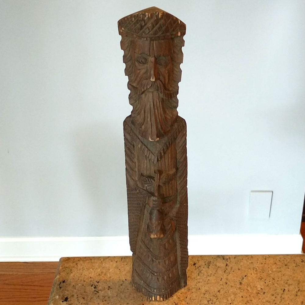 Primitive Folk Art Wood Carving Monk Holding a Quince 15"